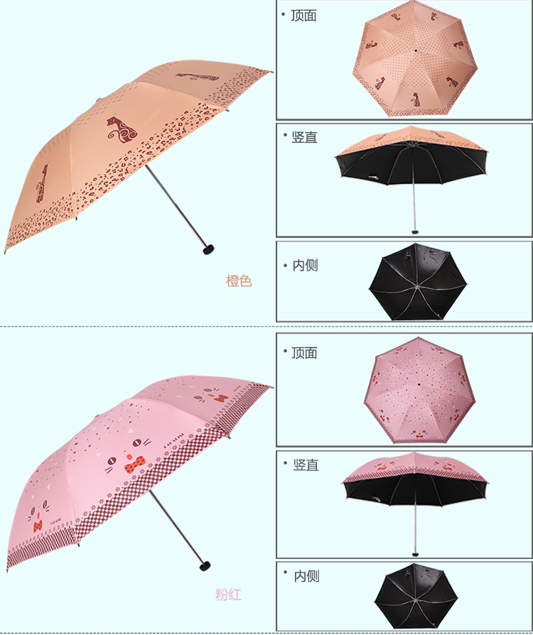 天堂伞 小猫咪咪黑胶防紫外线三折铅笔晴雨伞 兰绿 33115E