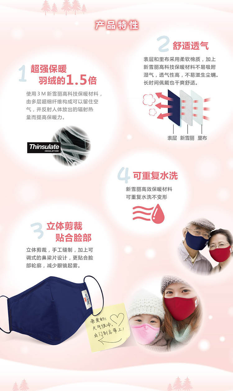 3M 8550 耐适康舒适保暖口罩 成人男用 可调式耳带 蓝色（大号 ）保暖舒适透气 一只装