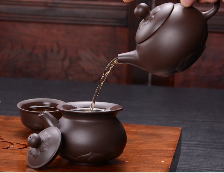 言艺 茶具套装 莲花紫砂配重竹静心茶盘套装