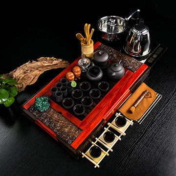 摩家优品 全黑紫砂茶具套装 实木整套茶托 花梨黑檀木茶盘 电热炉四合一茶道 GCJ-27