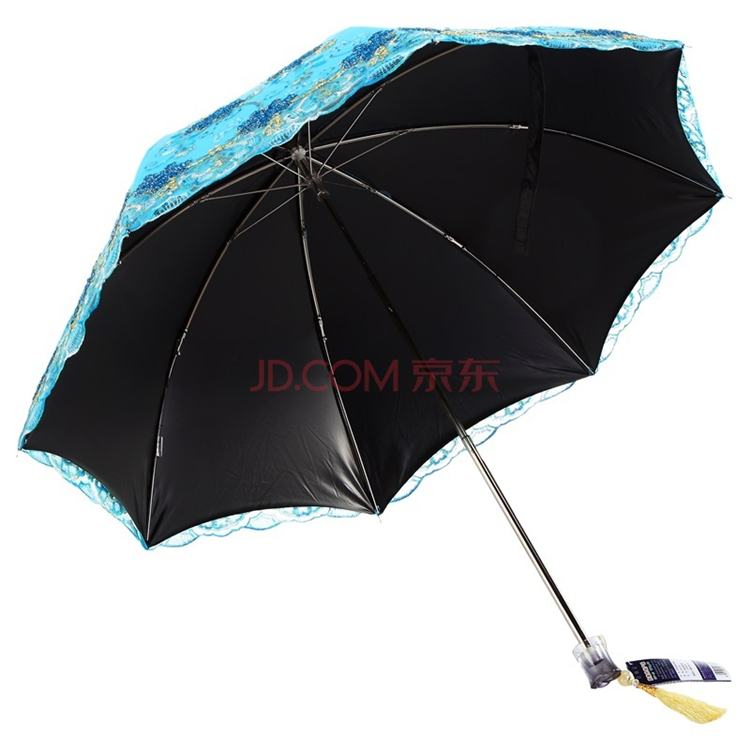 天堂伞 彩蕊叠翠黑胶双层纱绣二折晴雨伞23022E湖兰色