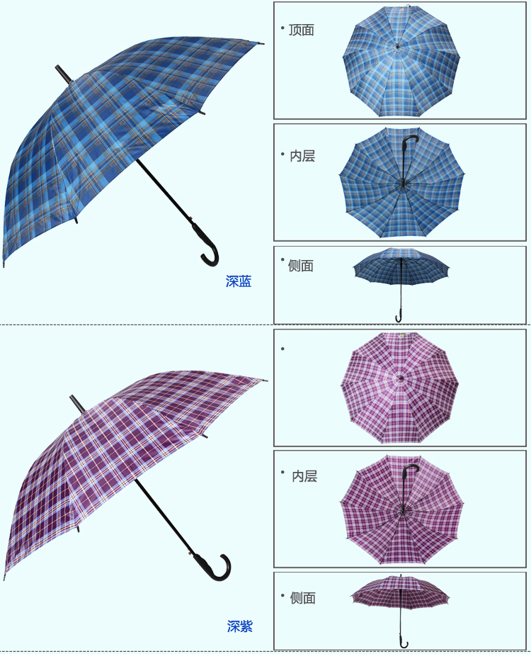
                                        天堂伞 加大加固格子自开直杆商务晴雨伞 蓝格 170E                