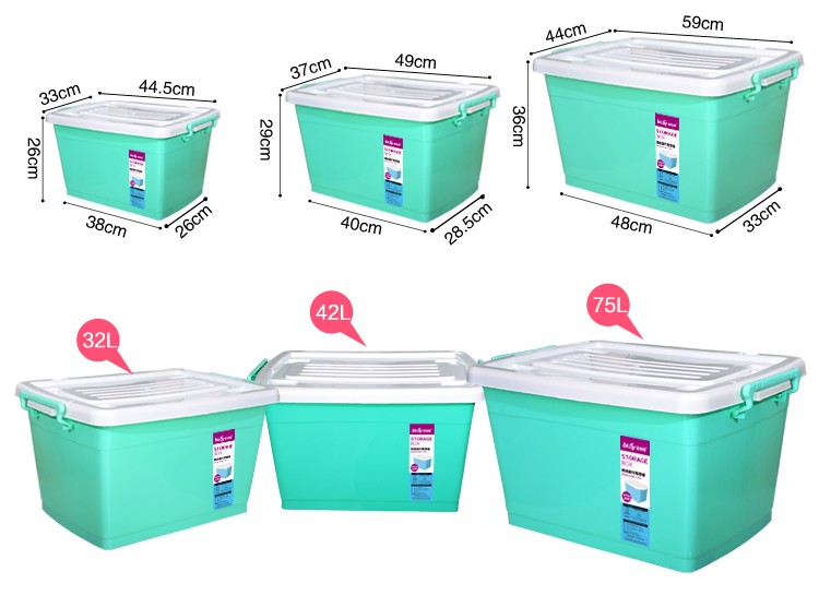 百草园 欧式滑轮塑料整理箱收纳箱 衣服杂物储物箱32L+42L+75L 3个装 糖果绿