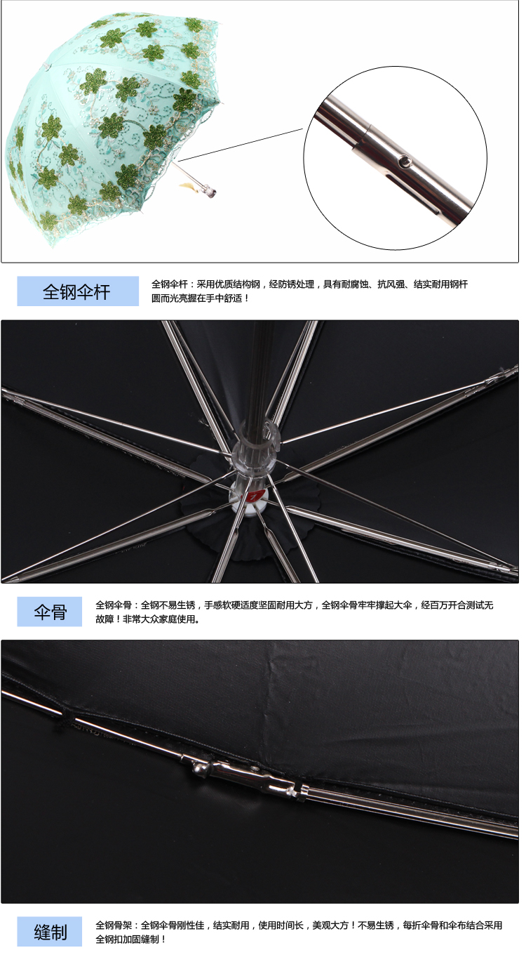天堂伞 彩蕊叠翠黑胶双层纱绣二折晴雨伞23022E橄绿色