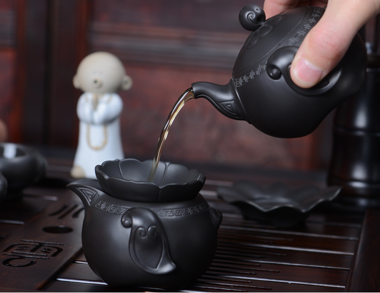 言艺 茶具套装 万象更新紫砂茶具配黑檀祥云快速壶茶盘套装