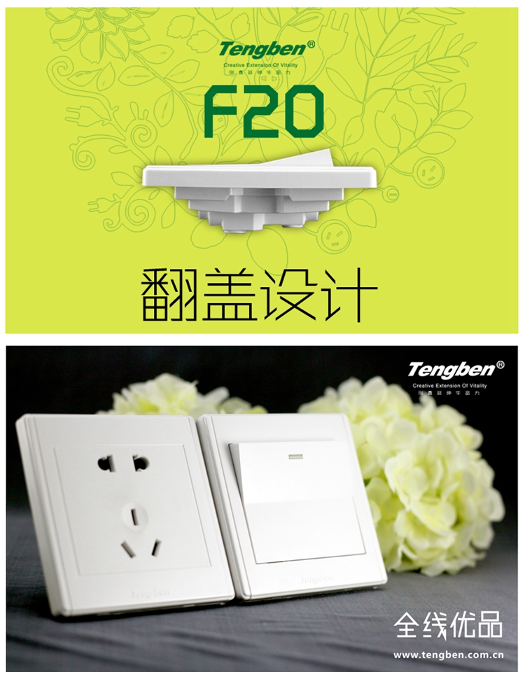
                                        藤本86型墙壁开关面板插座10A带荧光一位大板单联开关/一开单控开关F20翘板翻盖系列                