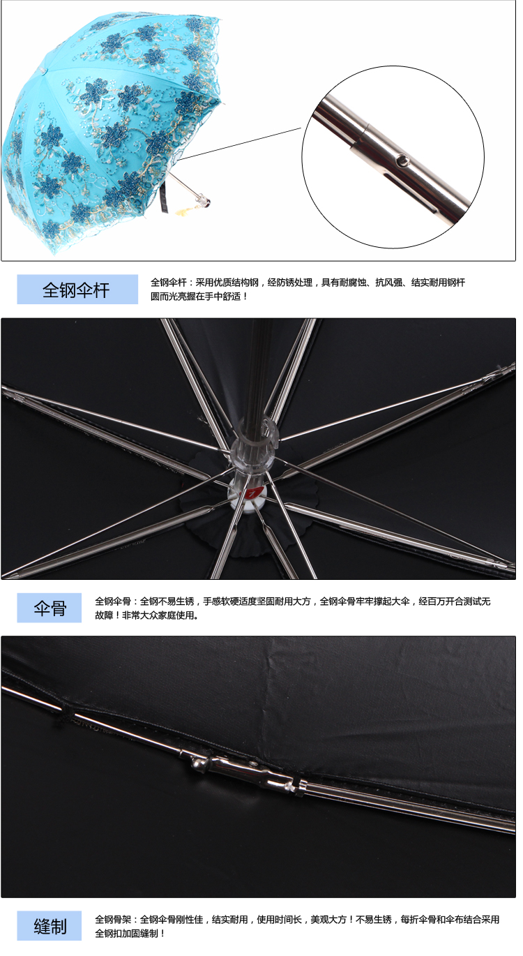 天堂伞 彩蕊叠翠黑胶双层纱绣二折晴雨伞23022E湖兰色
