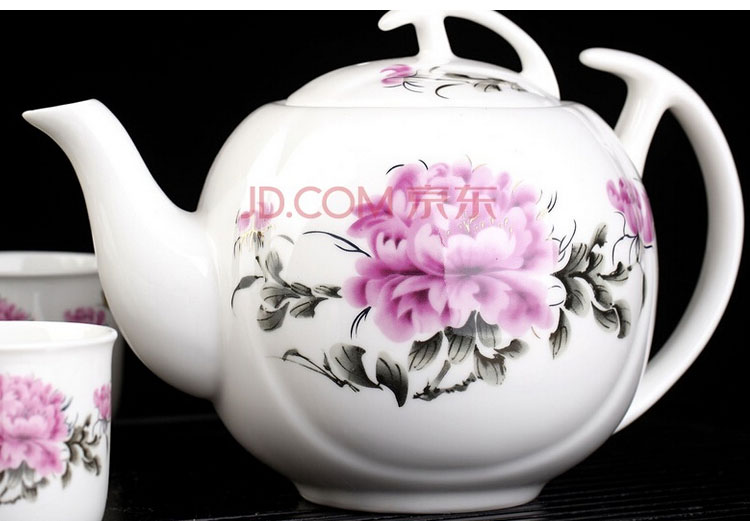 
                                        洁雅杰茶具套装 陶瓷茶具7件套(1茶壶6茶杯)大容量陶瓷茶壶套装 牡丹圆杯                