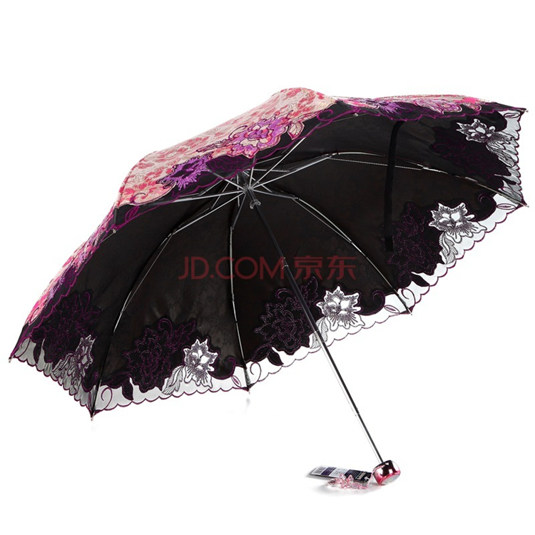 天堂伞 芬芳馥郁三折超轻绣花晴雨伞33203E金玫红