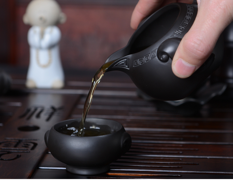 言艺 茶具套装 万象更新紫砂茶具配黑檀祥云快速壶茶盘套装