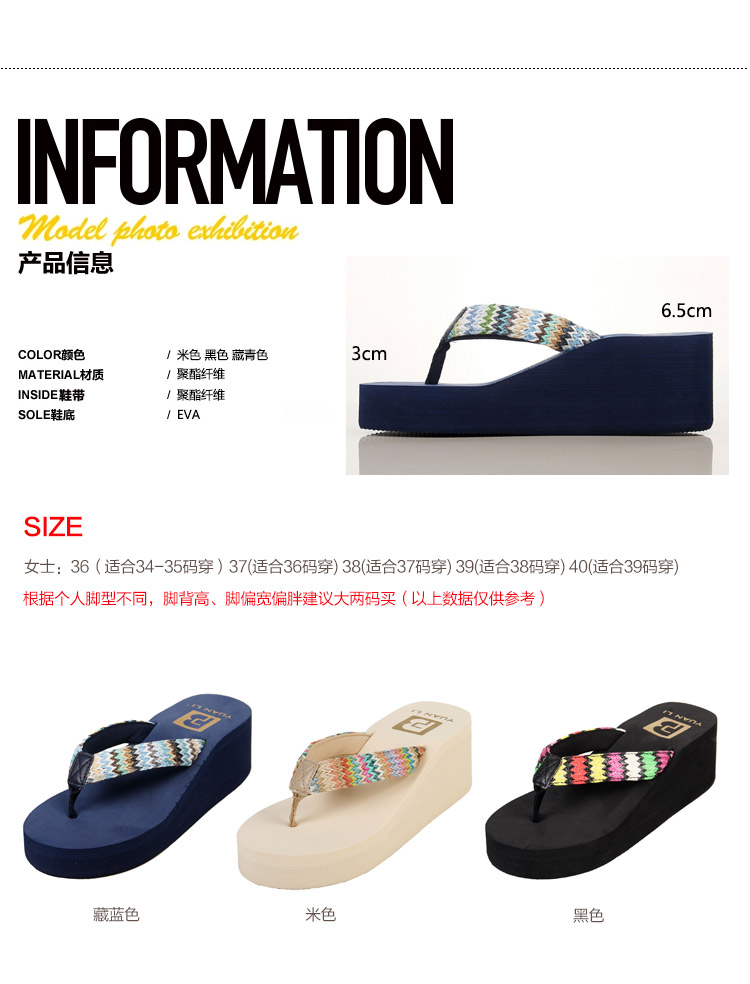 美尚品（meishangpin）编织居家女鞋夏季户外沙滩鞋坡跟夹脚拖鞋凉拖 女款藏青色36（适合34-35码穿）1577