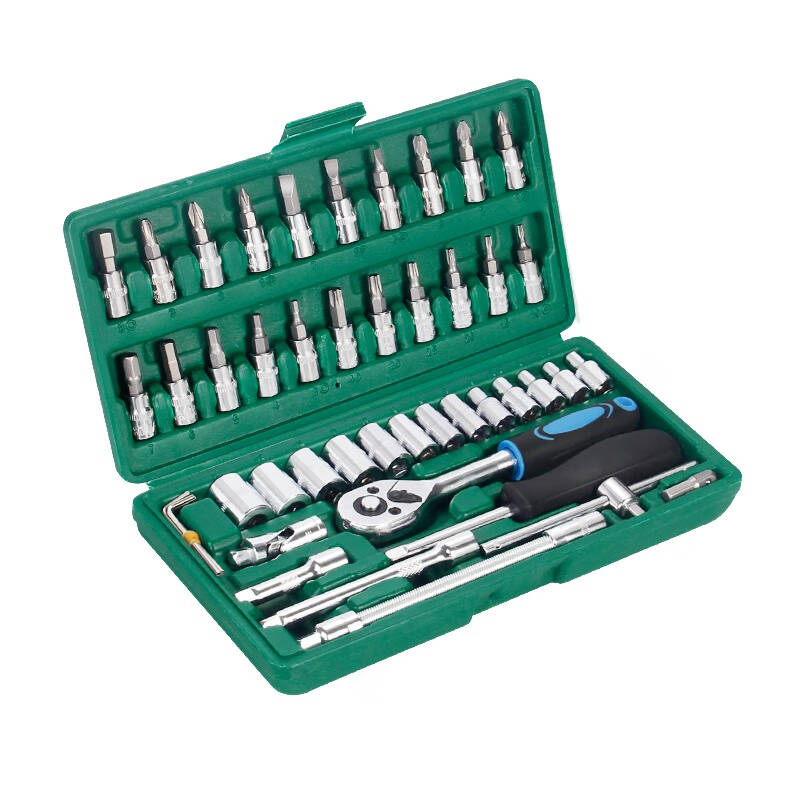 这样一套多功能扳手可有效收纳,内含46件工具,包括套筒,内六角等,可