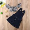 2 UNIDS Niños Pequeños Bebé Niña A Cuadros Flutter Manga Tops Demin Correa Vestido Trajes