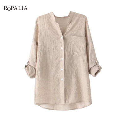 

Sexy V-Neck Women Blouse Spring Autumn Casual Long Sleeve Pockets Tops Shirts Blusas