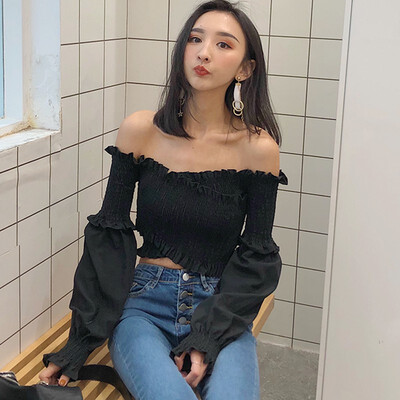 

Women Crop Top Fashion sexy Slash neck top T-shirt Autumn new Elegant white Black Red party Solid Color Soft Elastic clothing