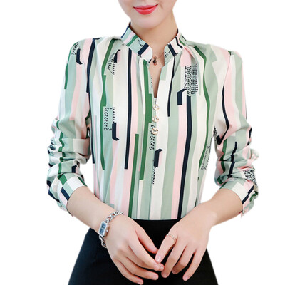 

Women Breathable Chiffon Blouse Long Sleeve Top Striped Print Shirt Slim Blouse -XL