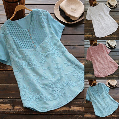 

Plus Size Summer Casual Tops Fashion Lace Embroidery Leisure T-shirt Women Oversize Short Sleeve T shirt Cotton Linen Tshirt