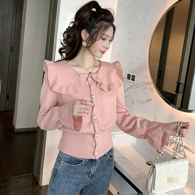 

Women Casual Solid Color Doll Collar Vintage Long Sleeve Loose Cardigan Warm Long Knit sweater