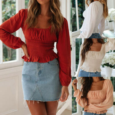 

Womens Summer Holiday Lace Ruffles Crop Tank Tops Sexy Casual Long Sleeve Blouse