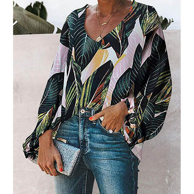 

Puff Sleeve Shirt Women\s Long Sleeve Fashion Cute Loose Joker Cute Sweet Personality Print Thin V-Neck
