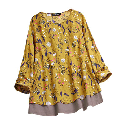 

Bohemian Women O-Neck Loose Floral Printed Womens Tops And Blouses Long Sleeve Fake Two Pieces Blouses blusas Plus Size 2019