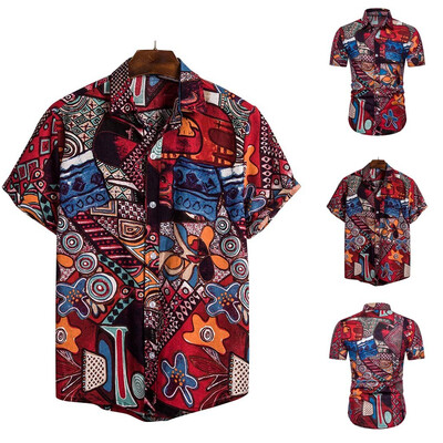 

Toponeto Mens Ethnic Short Sleeve Casual Cotton Linen Printing Hawaiian Shirt Blouse