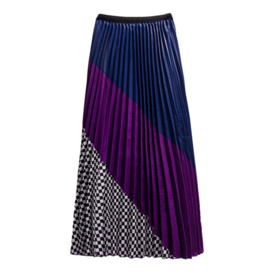 

2019 Spring Summer New Contrast Color Mosaic Plaid Stripe Big Swing Pleated Long Maxi Skirt Women faldas mujer moda jupe femme