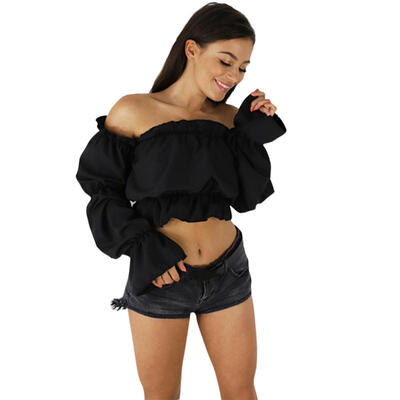 

Women Off Shoulder Crop Tops Candy Color Summer Lantern Sleeve Sexy One Word Collar Beach Blouse