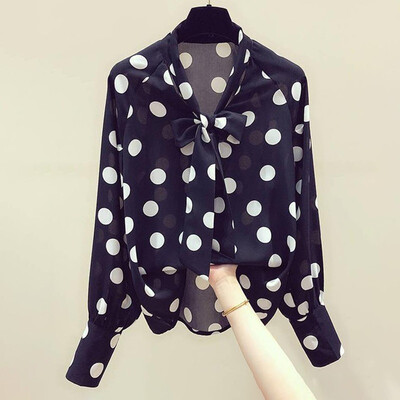 

Polka dot dot retro print female chiffon shirt casual loose shirt shirt long sleeve bow loose blouse&top -2XL