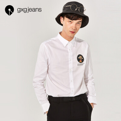 

Gxgjeans mens 2019 spring youth cotton white shirt mens long sleeve casual print Slim trend white