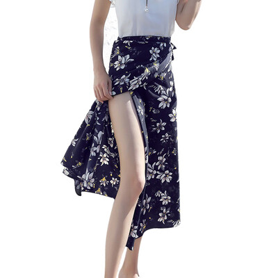 

Summer Chic Floral One-piece Chiffon Long Beach Skirt Women Floral Printed Side Slit Lace Up Skirt High Waist Casual jupe femme