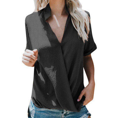 

Womens Solid Stand Collar Short Sleeve Chiffon Blouse