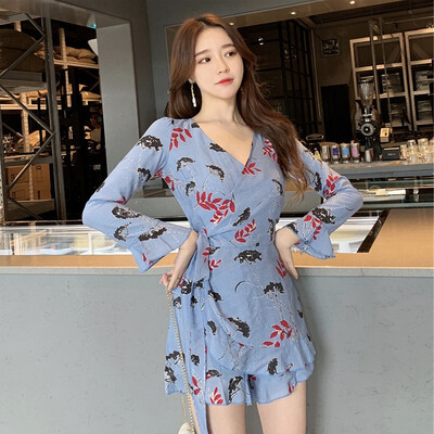 

Korean Autumn Floral Dresses Long Sleeve Streetwear Ruffles Robe Sexy White Blue Retro V neck Mini Sundress Party Vestidos