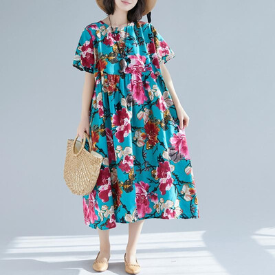 

Vintage Women Autumn Floral Print Cotton Linen Dress O Neck Short Sleeve Pocket Keyhole Button Plus Size Loose Dress