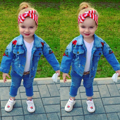 

Toddler Kids Baby Girls Flower Embroidered Denim Jacket Fashion Jean Coat Tops