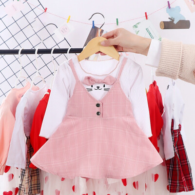 

Children Autumn Girls Cute Plaid Print Fake Two Piece Bottoming Long Sleeved Sweet Princess Dress New