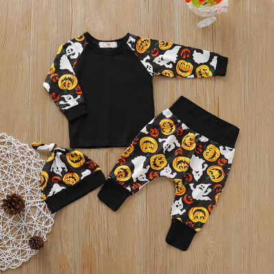 

Autumn Baby Boy Girl Halloween Long Sleeve Pumpkin Print T-shirt Pants Hat Outfits Bodysuit