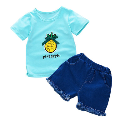 

Summer Baby Girls Clothes Cute Short Sleeve Pineapple Pattern T-shirt TopsDenim Shorts Suits Casual Children Clothing Sets