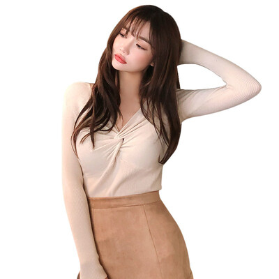 

Fashion Slim Fit Women Casual V-Neck Sweaters Solid Winter Crisscross Knitted T-Shirt Wear Long Sleeve Sweat Shirts