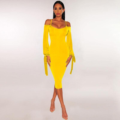 

Fashion Women Solid Bodycon Dress Spaghetti Strap Off the Shoulder Long Sleeve Party Club Midi Dress