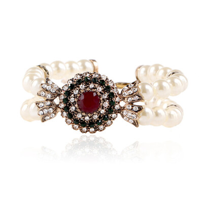 

New Turkish Jewelry Vintage Bracelet Femme Red Green Resin Round Crystal Imitation Pearls Beads Strand Bracelets Bangles