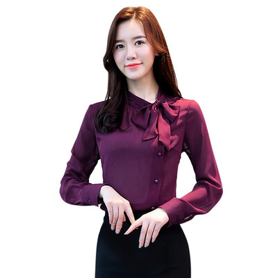 

Womens Shirt 2018 Summer Top Shirts Chiffon Bow Blouse long Sleeve Elegant Female Office White Purple 2XL Shirt
