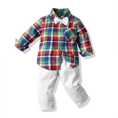 

2pcs Baby Boys Gentleman Clothes Suits Toddler Cotton Long Sleeve Bowtie Striped ShirtOveralls Pants Infant Outfits