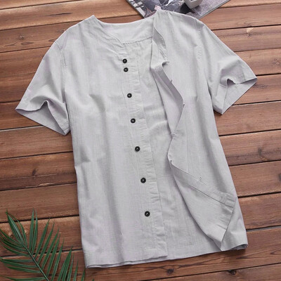 

Toponeto Mens Baggy Cotton Linen Solid Short Sleeve Button Retro T Shirts Tops Blouse