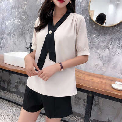 

Elegant Simple Solid Color Women Blouse Button V-Neck Short Sleeve Blouses Elegant Chiffon Blouse Tops Office Lady Blouse