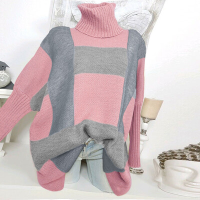 

Tailored Women Casual Stripe Turtleneck Knitted Long Sleeve Sweater Top Blouse