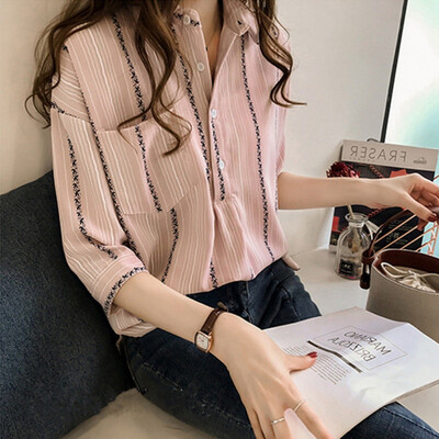 

Autumn Shirt Women Striped Lapel Shirts Casual Three Quarter Sleeve Single Buckle Loose Blouse Turn-down Collar Shirts