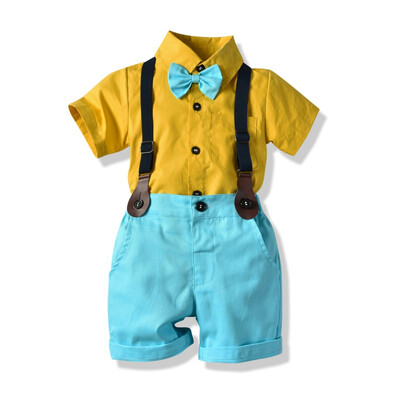 

0-4Y Lapel Cotton Summer Casual Baby Boy Set Gentleman Shirt With Bow Tie And Suspender Pants Kit Kids Overalls