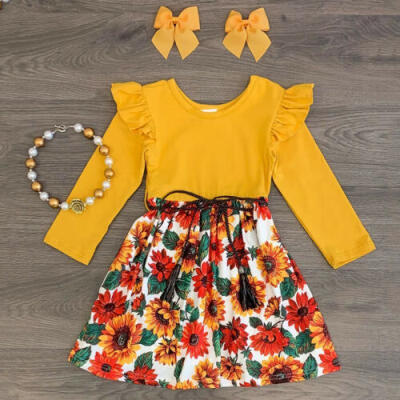 

US Lovely Baby Girl Long Sleeve Dress Outfit Sunflower Print Casual Party Dress