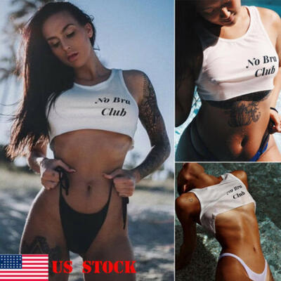 

Sexy Womens No Bra Club Cotton Short Sleeve Crop Top T-Shirt Letter Tees Blouse